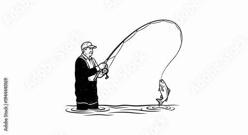 Man in waders stands in water, reeling in a jumping fish with a bent rod