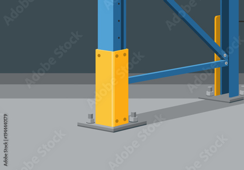 A vibrant warehouse rack corner protector with safety padding. Clean, modern illustration for commercial use. Focus on durability and safety.