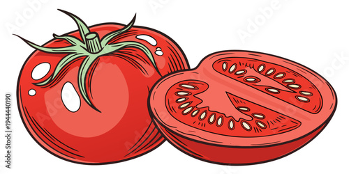 Two red tomatoes one whole and one cut in half halved
