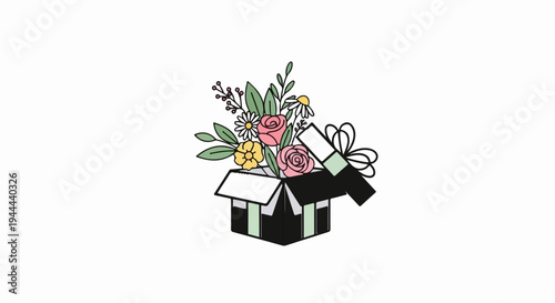 A cheerful gift box overflowing with colorful flowers and a festive bow