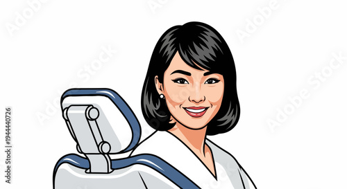 Smiling Asian woman dentist in uniform, seated near chair