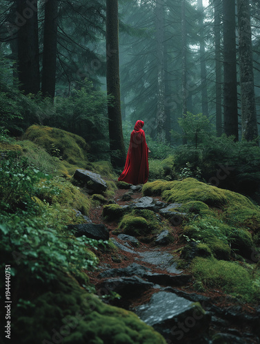 A mysterious woman in a long flowing red cloak.