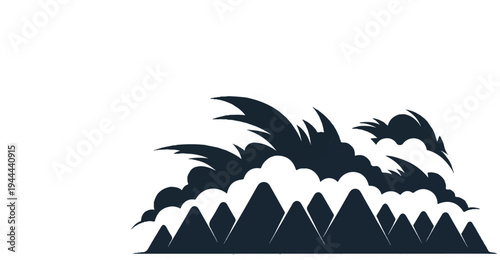 Silhouette of stylized mountain peaks with swirling, dark clouds above