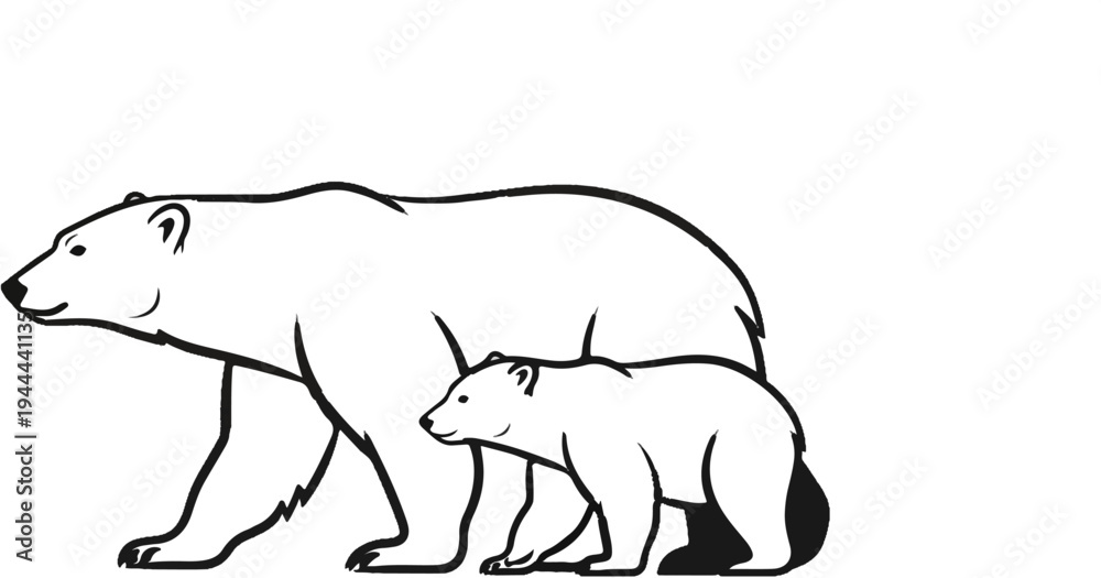 Fototapeta premium A mother and cub polar bear walking side by side, depicted in a simple black outline