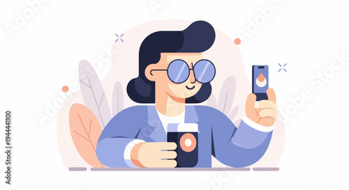 Person with glasses holds coffee and phone, plants background