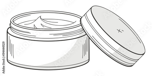 Black and white of an open jar of cream with an x' on the lid line cosmetics