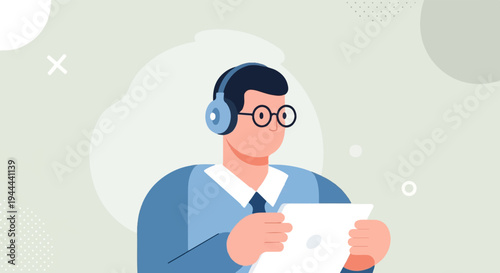 Person with headphones and tablet, surrounded by abstract shapes