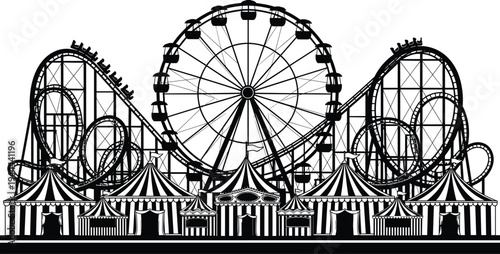 Amusement park silhouette with ferris wheel roller coaster circus tents carnival skyline vector illustration theme park entertainment scene