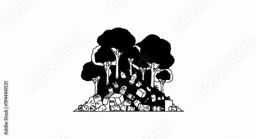 Heap of trash and trees, symbolizing pollution and environmental damage