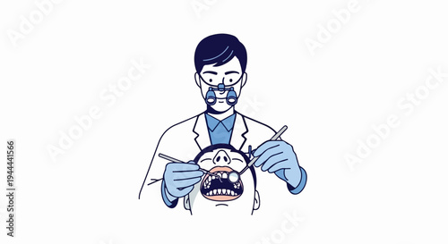Dentist with magnifying glasses inspects a patient's open mouth with tools