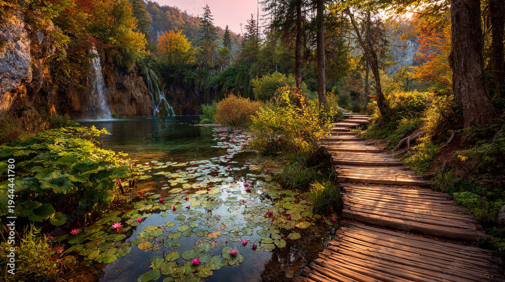 Naklejka premium A wooden path winds through autumn forest, past a pond and waterfall, glowing under warm sunset light. 
