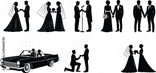 Wedding couple silhouettes collection bride groom ceremony proposal romantic marriage scenes with vintage car vector illustration set