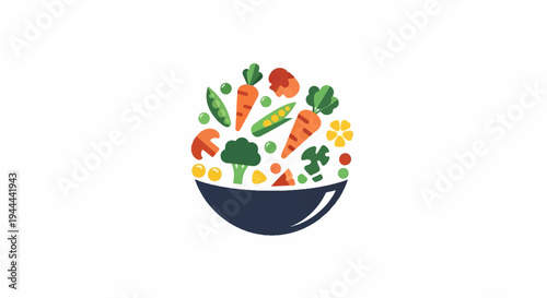 Colorful cartoon vegetables spilling out of a dark blue bowl
