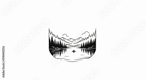 Silhouette of a serene lake scene with mountains, trees, and a lone boat