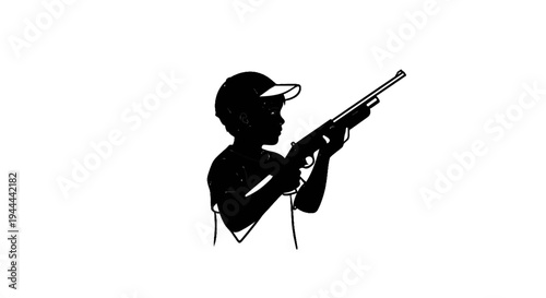 Silhouette of a young person in a cap holding a rifle