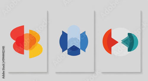 Three abstract geometric designs with overlapping shapes and colors