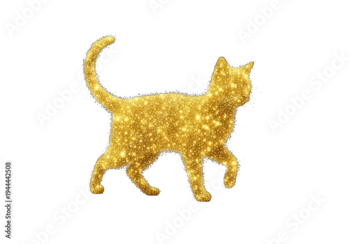 Golden sparkle cat silhouette walking isolated on transparent background