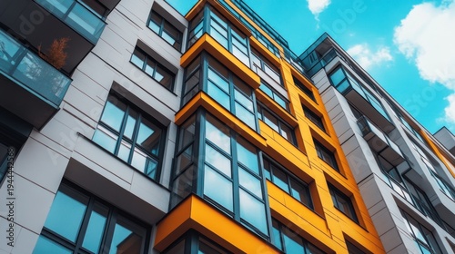 Modern apartment building facade with bright yellow accents, viewed from the ground looking up