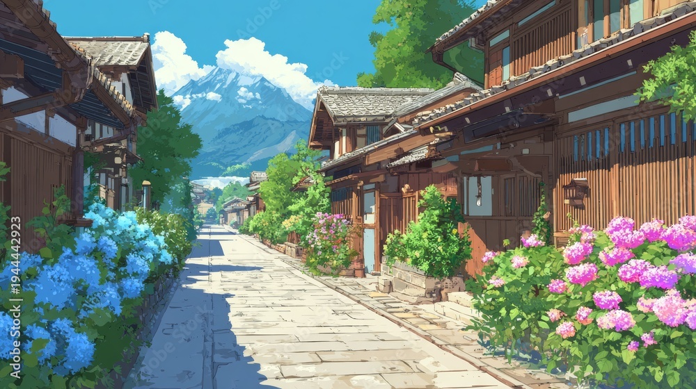 Obraz premium Scenic Japanese village street with mountain view and blooming flowers