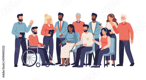 Inclusive Team Meeting: Diverse Professionals and People with Disabilities Collaborating, Emphasizing Accessibility, Equity, and Teamwork.