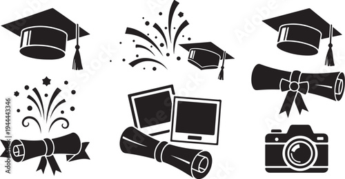 Graduation icons with confetti and diploma symbols