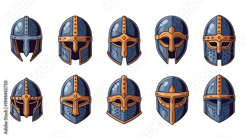 Collection of various medieval knight helmets with different designs and protective features for historical battle reenactment.