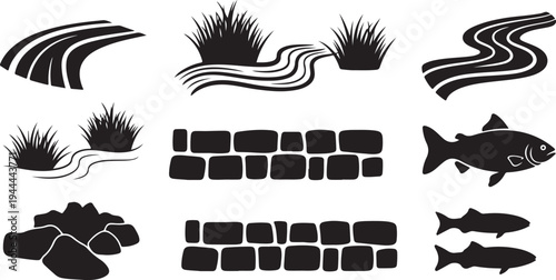 Black and white river landscape icon set with fish