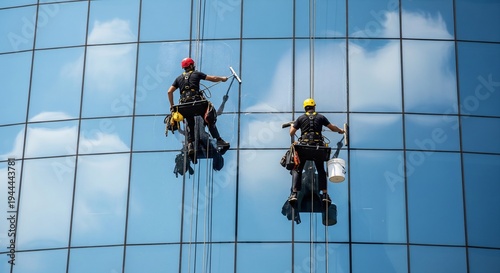 Two professional high-rise window cleaners suspended by ropes, meticulously cleaning the reflective glass facade of a modern office building on a clear sunny day.