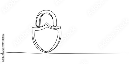 Guard badge with padlock inside continuous line drawing. Protect and security concept. Vector hand drawn illustration isolated on white.