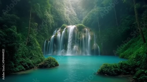 Stunning Hidden Jungle Waterfall with Turquoise Blue Pool in Lush Green Tropical Forest, Serene Natural Landscape with Flowing Cascades and Sunlit Canopy