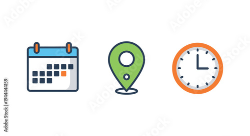 A colorful arrangement of a calendar location pin and clock icons presented as a flat design silhouette high quality professional detailed