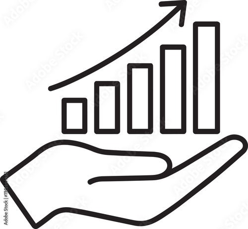 Human hand holding bar chart with ascending trend line showing positive business revenue growth and continuous performance