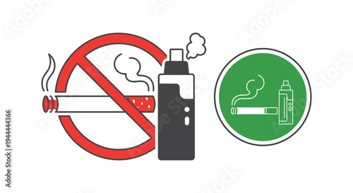 A graphic illustration depicts prohibited smoking and vaping featuring a bold red circle and slash silhouette high quality professional detailed modern