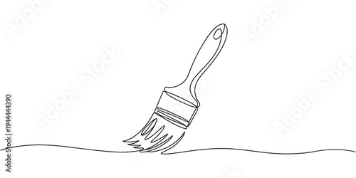 Paintbrush continuous line art, One continuous line of a paint brush for painting. Line art of a tool with a wooden handle and thick bristles. Drawing in one line style with a black stroke on a white