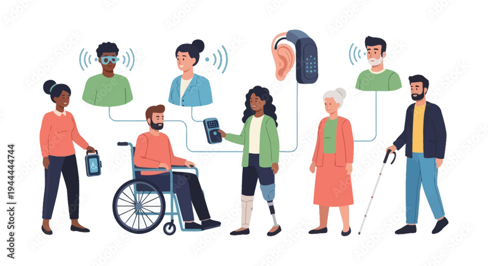 Fototapeta premium Diverse People Using Assistive Technology for Accessibility and Inclusion. Illustration of Individuals with Disabilities and Modern Aid Devices.
