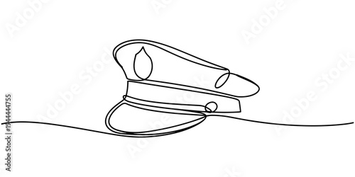 Continuous one line drawing of police cap. Clothing, protection, officer concept. Editable stroke vector. Graphic illustration