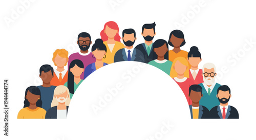 Diverse Community Group of People in an Arc Formation with Copy Space. Flat Vector Illustration of Global Network and Multiracial Crowd.