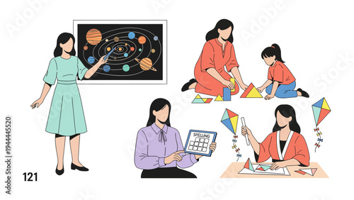 Educator in Action: A collection of educational scenarios featuring a dedicated educator guiding and nurturing young minds, captured in various dynamic teaching environments.