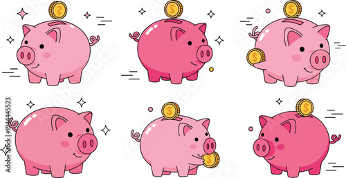 Cute piggy bank with coins saving money concept cartoon pink pig collection finance and budget flat vector illustration set
