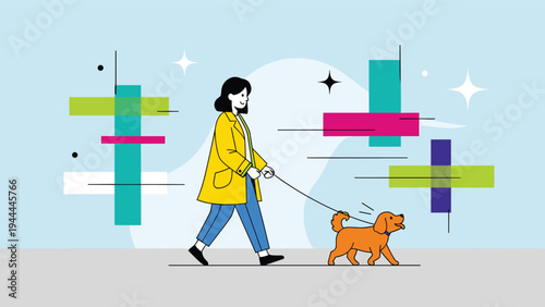 Stylish woman in a yellow coat walking her cute brown dog on a leash against an abstract artistic and geometric background.