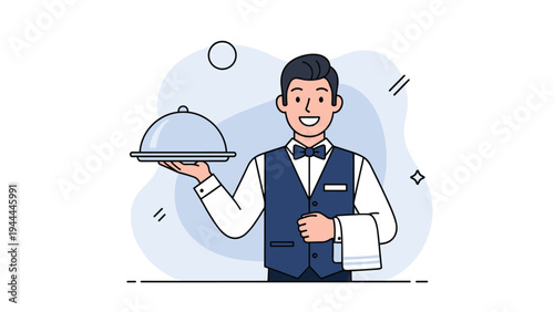 Friendly waiter in a blue vest and bow tie holding a silver cloche serving tray in a professional restaurant service manner.