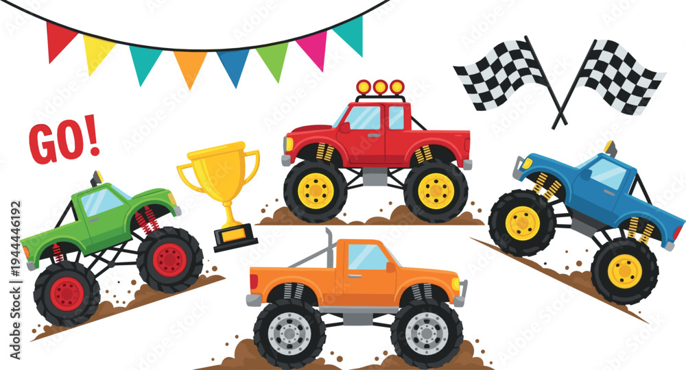 Naklejka premium Monster truck racing vector set with off road trucks, trophy, flags and race banner cartoon motorsport illustration