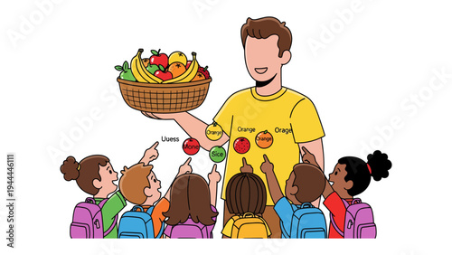 Healthy Habits Lesson: A cheerful educator guides a group of attentive children in a lesson about the importance of incorporating fresh fruit into a balanced diet.