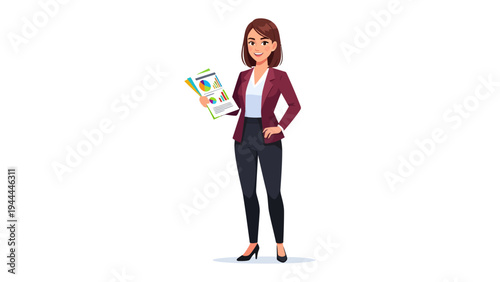 Businesswoman with Analytics: A confident businesswoman stands holding analytical reports, exuding professionalism. The reports showcase business data, highlighting success, progress and analysis.