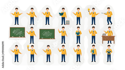 Teacher and Chalkboard: A collection of various illustration of teacher, showing a diverse range of expressions, tools, and gestures suitable for teaching and communication. 