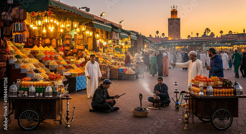 Vibrant Moroccan Marketplace at Dusk with Koutoubia Mosque Silhouette.