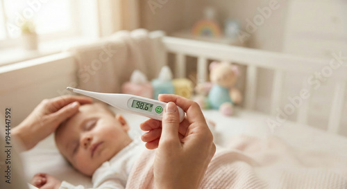 Baby thermometer health wellness technology harmony mother hand comforts sleeping infant in soft nursery light