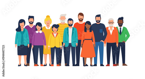 Diverse Group of People: Multi-Ethnic Men and Women Standing Together in Flat Design. Community, Team, Society, Inclusion Vector