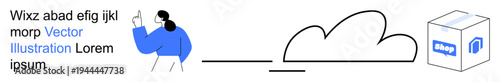 Cloud computing, data access, technology integration, digital storage, online solutions, remote operations. Person gesturing near cloud and box icon. Cloud computing and data access ion