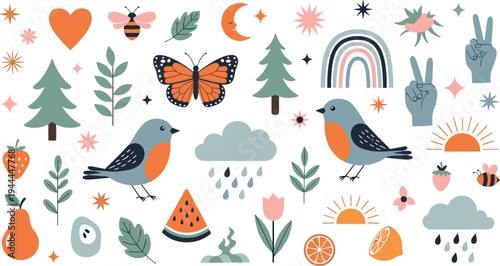Scandinavian Nature Icons Collection with Birds Rainbow Trees Fruits and Cute Cartoon Vector Illustration Set